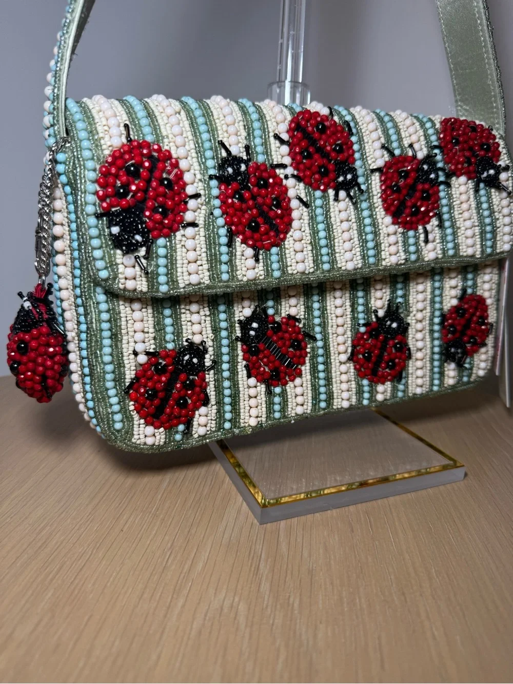 Beaded Ladybug Pattern Shoulder Bag - Green & Red